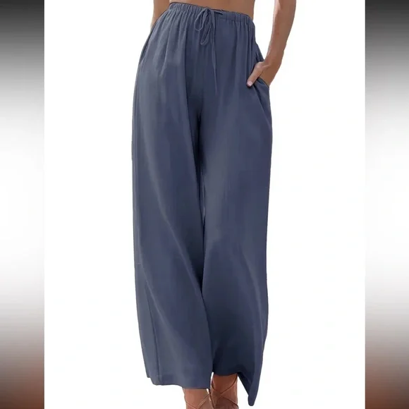 Linen & Cotton Wide-Leg Pants. Blue. NWT. Size Large - Picture 3 of 3